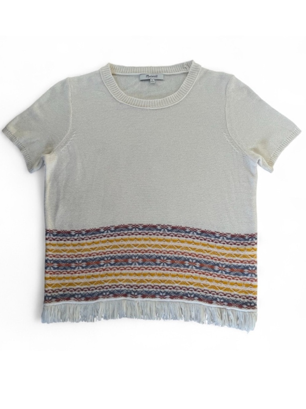 Madewell Short sleeved Cream Multicolor Knit‎ Fringe Sweater Tee, S